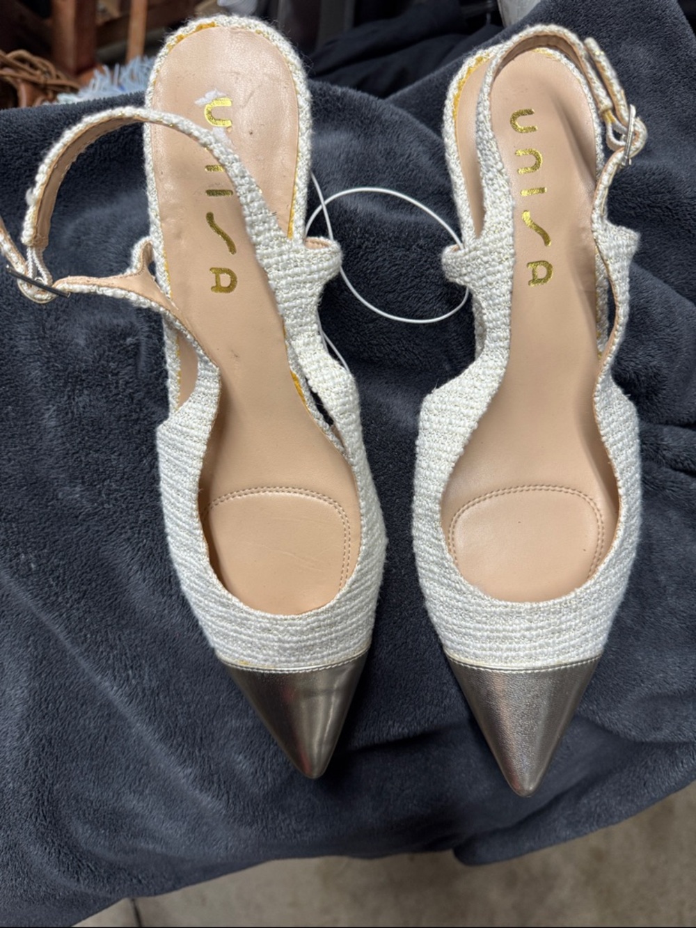 Unisa Cream Slingback Pointed Toe Heels with Silver Cap